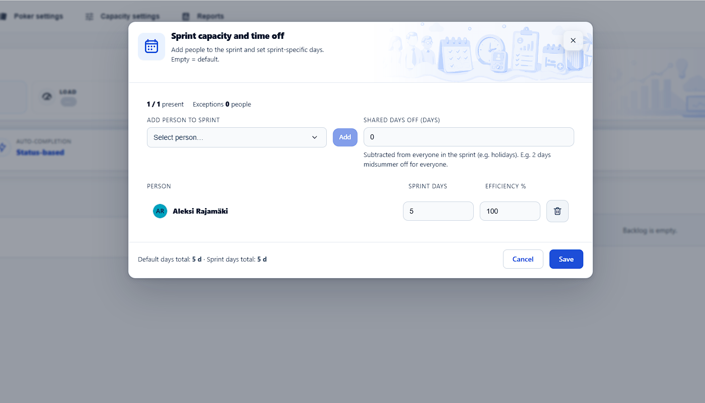 Sprint capacity modal with shared holidays and sprint days